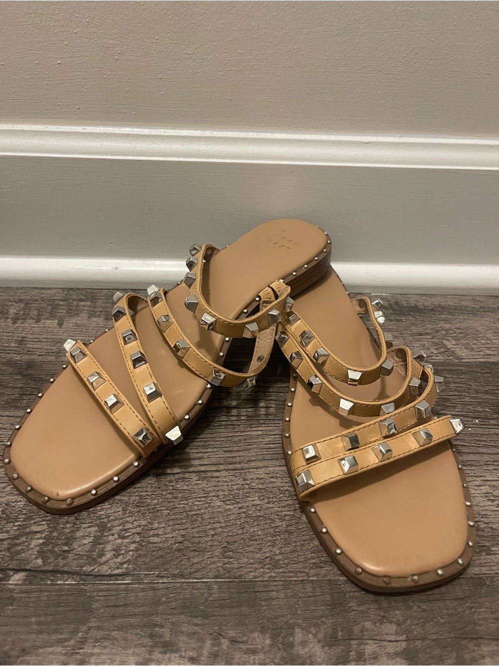 Studded Tan Leather Strappy Slide Sandals